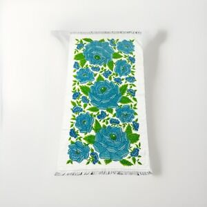 Vintage Fieldcrest‎ Floral Blue Bath Towel 1970s Fringe